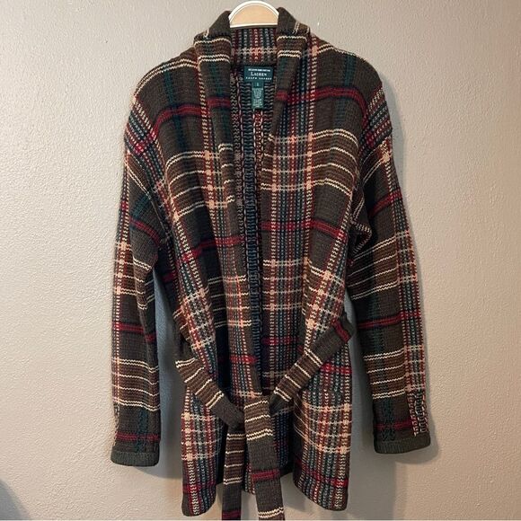 Lauren Ralph Lauren Hand Knit Lambswool Brown Plaid Tie Waist Cardigan Size S - Picture 2 of 6